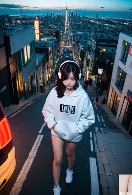 AI生成美女~City street, oversized hoodie