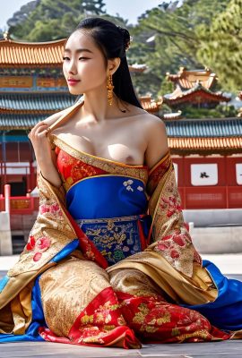 掛著金耳環，一位美麗的中國公主展示陰道和乳房的照片