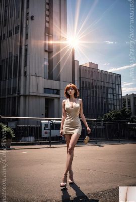 橙色頭髮和天鵝絨連衣裙